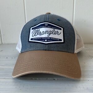 Wrangler western wear snapback mesh back blue, white and tan baseball hat